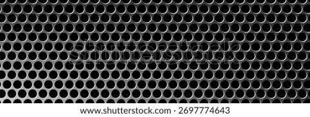 Perforated metal plate. Metal grill. Metal texture steel background. Perforated sheet metal. 3d shape titanium sheet. Circle mesh pattern background. Industrial texture. Steel speaker. Vector EPS10.