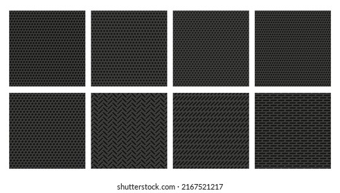 Perforated metal texture. Black metallic grid, dark steel plate with dot holes perforation pattern vector background set of black grid background steel pattern