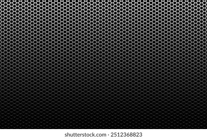 Perforated metal texture. Dark carbon background. Black steel with light effect. Futuristic surface with holes. Modern industrial design for poster or banner. Vector illustration.