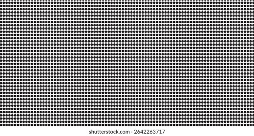 Perforated metal texture. Pegboard, radiator or speaker grill surface with repeated round holes. White circular dots on black background. Mosaic wall or floor pattern. Vector graphic illustration.