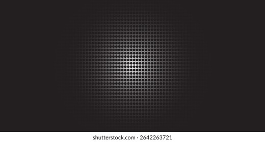 Perforated metal texture. Pegboard, radiator or speaker grill surface with repeated round holes. White circular dots on black background. Mosaic wall or floor pattern. Vector graphic illustration.