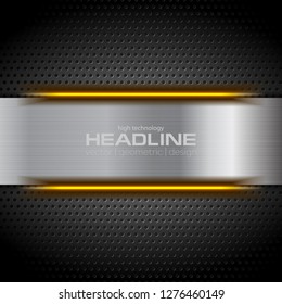 Perforated metallic background with orange glowing neon light. Vector technology design