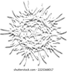 Perforated outline of disappearing snowflake. Contour from pease, bullet, bubbles, mote, speckle, mottle. Space for copy text, optical effect. Vector.