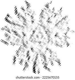 Perforated outline of a weightless snowflake, based on structure of the mandala. Contour from pease, bullet, bubbles, mote, speckle, mottle. Space for copy text, optical effect. Vector.