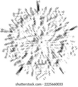 Perforated outline of a weightless snowflake. Contour from pease, bullet, bubbles, mote, speckle, mottle. Space for copy text, optical effect. Vector.