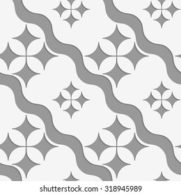 Perforated pointy four foils with waves.Seamless geometric background. Modern monochrome 3D texture. Pattern with realistic shadow and cut out of paper effect.