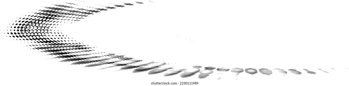 Perforated polka dot, ballpoint, dotted, dashed halftone outline. Spiral bend with sparse serrated lower part.  Vector.