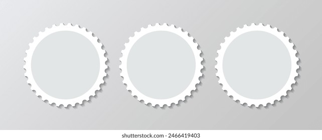 Perforated post frame label. Circle postage stamp. Empty round postal stamp. Paper circular postmarks for mail letter. Blank borders isolated on gray background. Vector illustration.