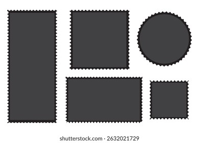 Perforated post frame label. Circle postage stamp. Empty round postal stamp. Paper circular postmarks for mail letter. Blank borders isolated on gray background. Vector illustration.