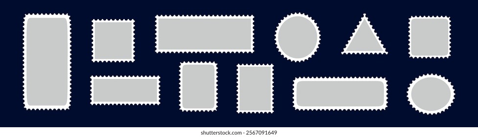 Perforated postage stamp frame with rectangular edges and postmark design. Vintage template for postcards, letters, and envelopes. Flat vector illustration isolated