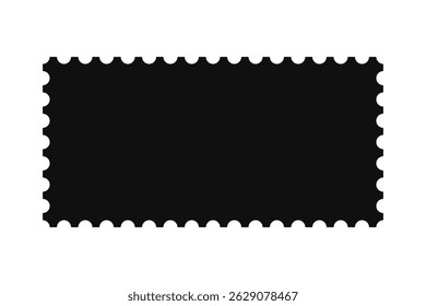 Perforated rectangle postage stamp silhouette icon. A black symbol with notched edges. Isolated on a white background.
