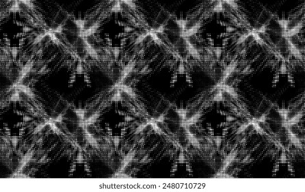 Perforated seamless halftone dotted canvas of shifted radiant mandalas. Black outline on transparent background. Vector.