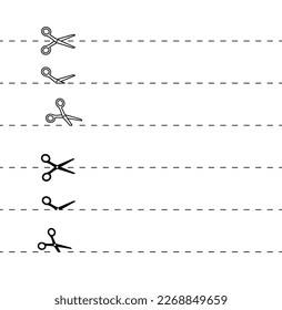 Ruta perfecta con icono de tijeras en diferentes posiciones. La venta cupone la frontera de cultivos. Ilustración vectorial. Línea de corte de saltos. Marcas de recorte en el borde del asiento.