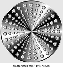 Perforated sheet of metal on a gray background. Abstract vector illustration of a shiny disk with holes of different diameters on a gray background. A blank for creativity.