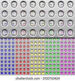 Perforated sheets. Abstract vector illustration of perforated sheets with holes of different diameters on a colorful background. A blank for creativity.