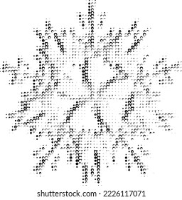 Contorsión perforada de copo de nieve con un contorno de medio tono burbujeante con rayos cristalizados sombreados. Vector.