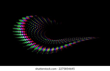 Perforated spiral diffraction dotted dot border on a dark background. Vector.