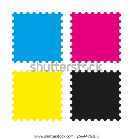 Perforated square postage stamp CMYK icons. Four colourful symbols with notched edges. Isolated on a white background.