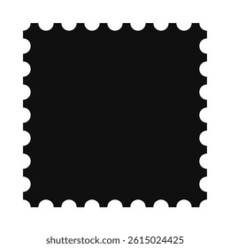 Perforated square postage stamp silhouette icon. A black symbol with notched edges. Isolated on a white background.