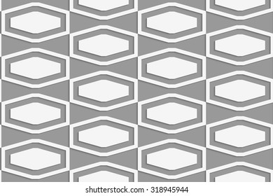 Perforated squashed hexagons in grid.Seamless geometric background. Modern monochrome 3D texture. Pattern with realistic shadow and cut out of paper effect.