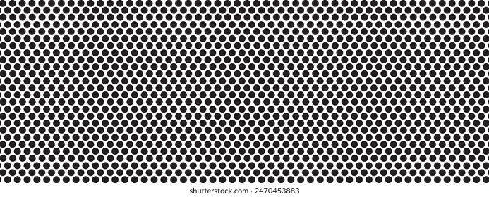 Perforated steel or iron texture. Pegboard, radiator or speaker grill surface with repeated round holes. Black circular dots on white background. Mosaic holey pattern. Vector graphic illustration.