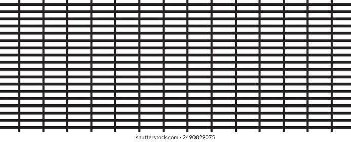 Perforated surface with rectangular holes. Repeating white rectangle shapes on black background. Grill, pegboard, radiator or speaker grid texture. Abstract mosaic pattern. Vector graphic illustration
