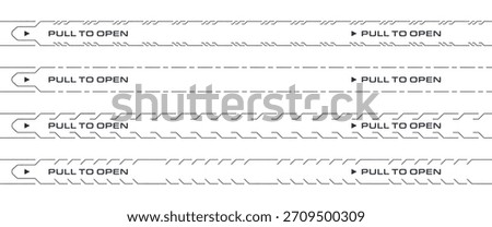 Perforated tear strip border line. Paper rip with text open here with knife or scissor sign for box, package, page, letter, coupon or ticket. Cutting guide for easy open packaging