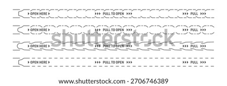 Perforated tear strips with border lines set for open here package instruction, vector templates. Pull to open tear strip lines for paper labels of box packaging or envelope opening secure seals