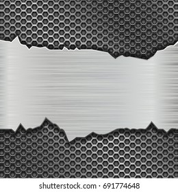 Perforated texture with torn metal plate with uneven edges. Vector 3d illustration