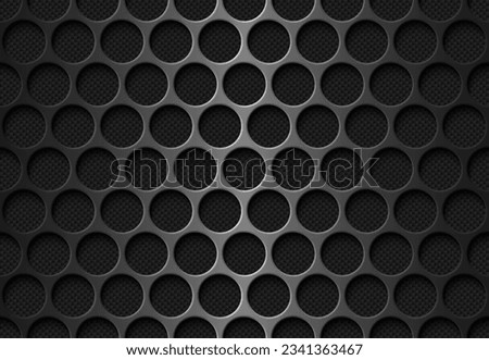 Perforation metal grid seamless pattern texture, black carbon fiber background. Vector black iron speaker grill endless texture. Web page fill. Round holes in sheet metal lined with carbon fiber