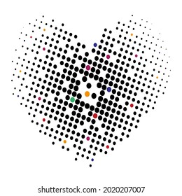 Perforation ornament in shape of heart. Drawing from white, black and colored dots. Vector illustration.