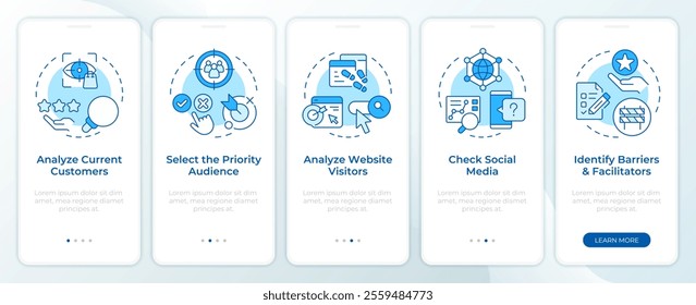 Perform audience analysis blue onboarding mobile app screen. Walkthrough 5 steps editable graphic instructions with linear concepts. UI, UX, GUI template