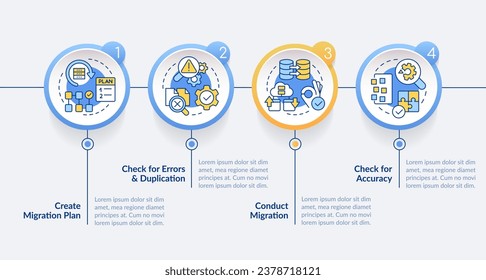Perform CMS data migration circle infographic template. Website transfer. Data visualization with 4 steps. Editable timeline info chart. Workflow layout with line icons. Lato Bold, Regular fonts used