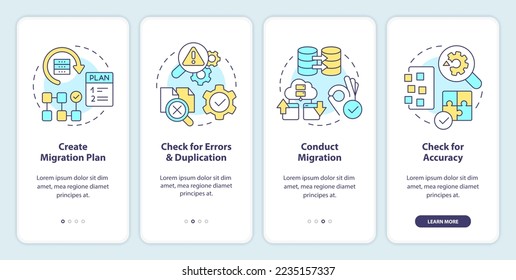 Perform CMS data migration onboarding mobile app screen. Platform walkthrough 4 steps editable graphic instructions with linear concepts. UI, UX, GUI template. Myriad Pro-Bold, Regular fonts used