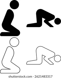Perform Salat silhouette icons set in trendy black flat and outline styles. Muslim prayer symbols signs vectors illustration collection isolated on transparent background.