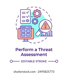 Perform a threat assessment multi color concept icon. Security standards, vulnerability. Round shape line illustration. Abstract idea. Graphic design. Easy to use in infographic, presentation