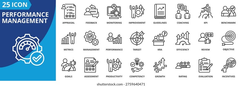 performace management icon set collection in outline style. icon pack contain performance, management, appraisal, evaluation, assessment, kpi, target, objective, goals, metrics icon