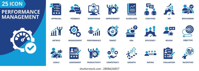 performace management icon set collection in flat style. icon pack contain performance, management, appraisal, evaluation, assessment, kpi, target, objective, goals, metrics icon