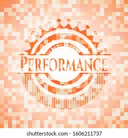 Performance abstract emblem, orange mosaic background