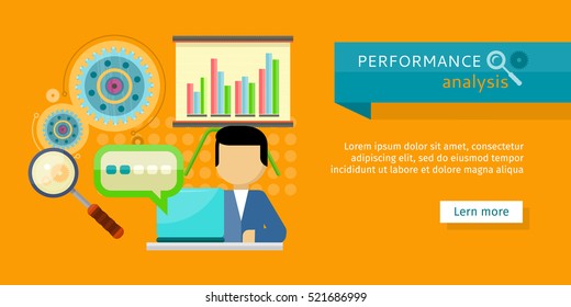 Performance analysis banner. Person working at laptop, making financial planning or generating report. Presentation of financial planning. Business man search for solutions infographics. Vector