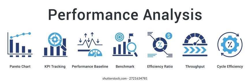 Performance Analysis banner web icon tracks KPIs against baseline benchmarks measuring efficiency ratios and throughput cycles.