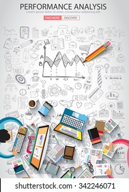 Performance Analysis concet with Doodle design style :finding solution, brainstorming, creative thinking. Modern style illustration for web banners, brochure and flyers.