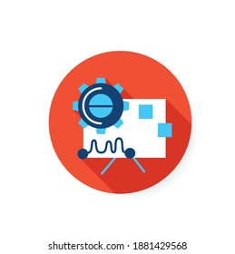 Performance analysis flat icon. Gear with statistic chart. Concept sign for creative technology product or service elaboration and management.Color vector illustration with shadow for web presentation