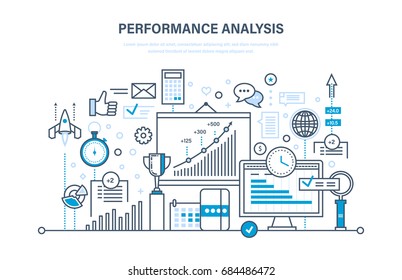 Leistungsanalyse. Marktforschungsgruppe, Forschung, Statistik, Berechnungen. Umsetzung von Innovationen und Rechnungslegung in Projekten, Zeitmanagement. Illustrationsdesign von Vektordoodles.