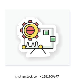 Performance analysis patch. Gear with statistic chart badge for designs. Custom sticker for creative technology product or service elaboration and management. Vector emblem for web presentation