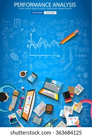 Performance Analytics concept with Doodle design style :teaching solution, studies, creative ideas. Modern style illustration for web banners, brochure and flyers.