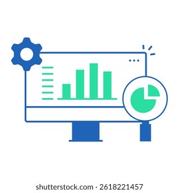 Performance Analytics Dashboard. Monitor with chart, pie graph and gear for analyzing service performance