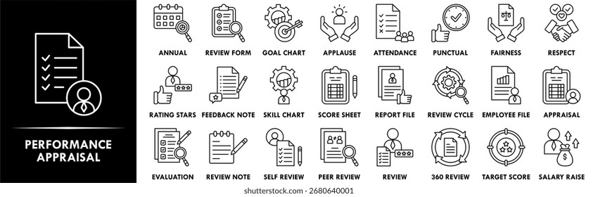 Conjunto de colecciones de iconos de evaluación de rendimiento. Contiene el rendimiento del diseño, negocio, revisión, gestión, evaluación