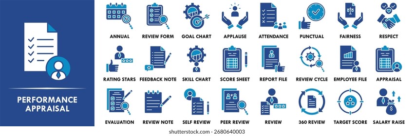 Conjunto de colecciones de iconos de evaluación de rendimiento. Contiene el rendimiento del diseño, negocio, revisión, gestión, evaluación