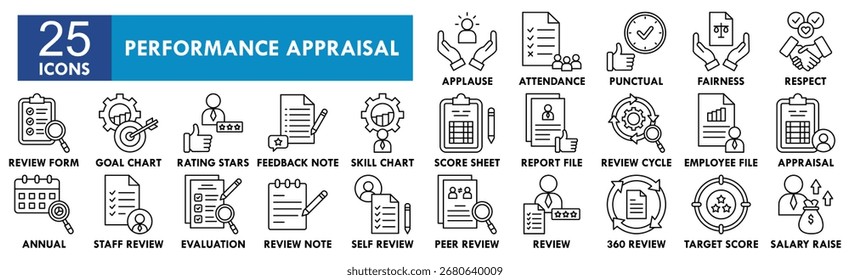 Conjunto de colecciones de iconos de evaluación de rendimiento. Contiene el rendimiento del diseño, negocio, revisión, gestión, evaluación